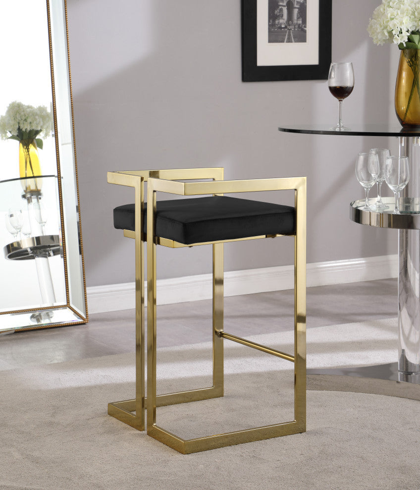 Ezra Counter Stool, Set of 2, Black Velvet, Gold Base