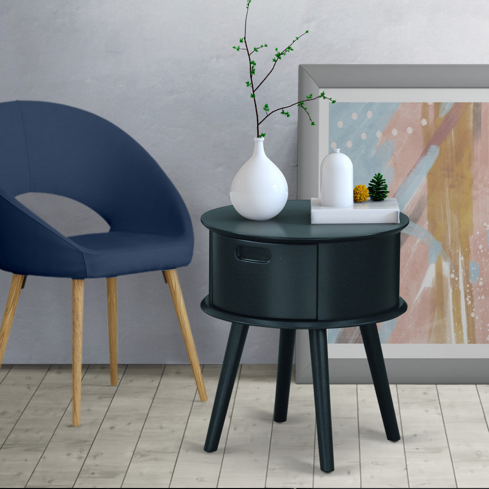 Gordon Round Night Stand End Table With Drawer, Navy Blue Finish