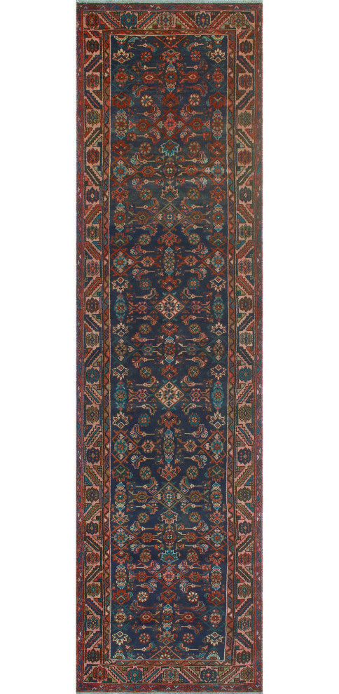 Fine Vintage Distressed Galip Red/Navy Runner, 3'5x13'7