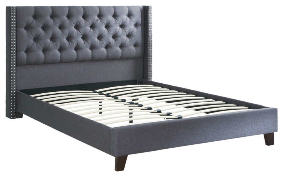 Benzara BM171725 Polyfiber Queen Size Bed Featuring Nail head Trim Blue Gray