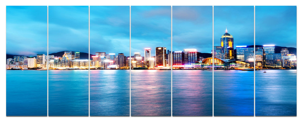Colorful Hong Kong at Night, Cityscape Canvas Art Print, 83"x32", 7 Panels
