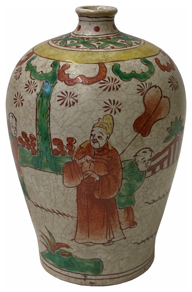 Chinese Oriental People Scenery Gray Tan Color Ceramic Vase Hws1781