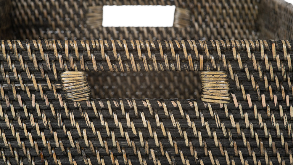 Loma Rectangular Decorative Rattan Storage Basket With Handles, Black Wash