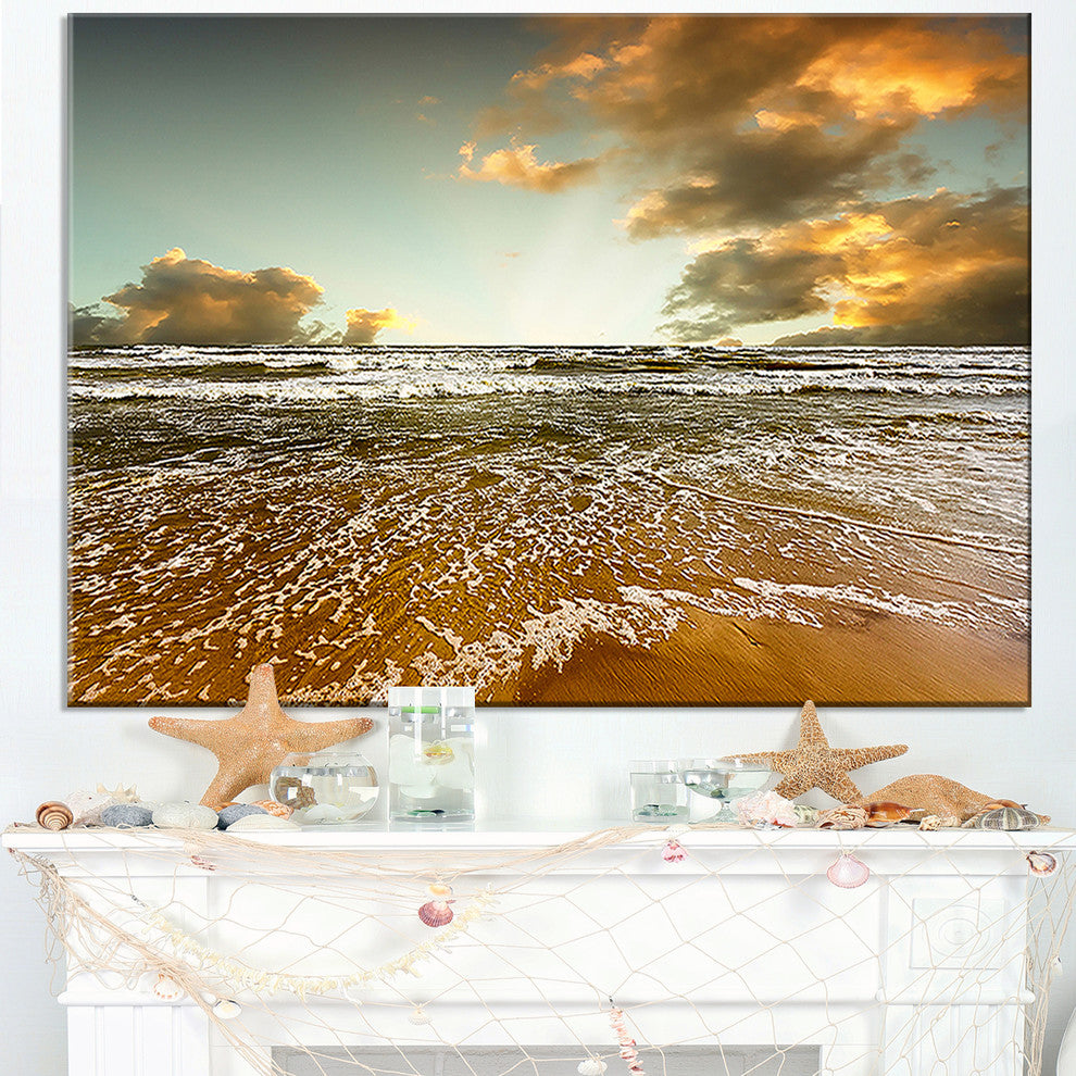 "Brown Tinged Beach and Cloudy Sky" Seashore Canvas Wall Art, 32"x16"