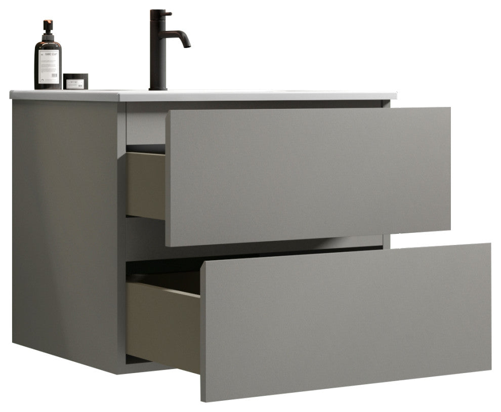 Wall-Mounted Bathroom Vanity Set with Ceramic Sink with one faucet hole, Gray
