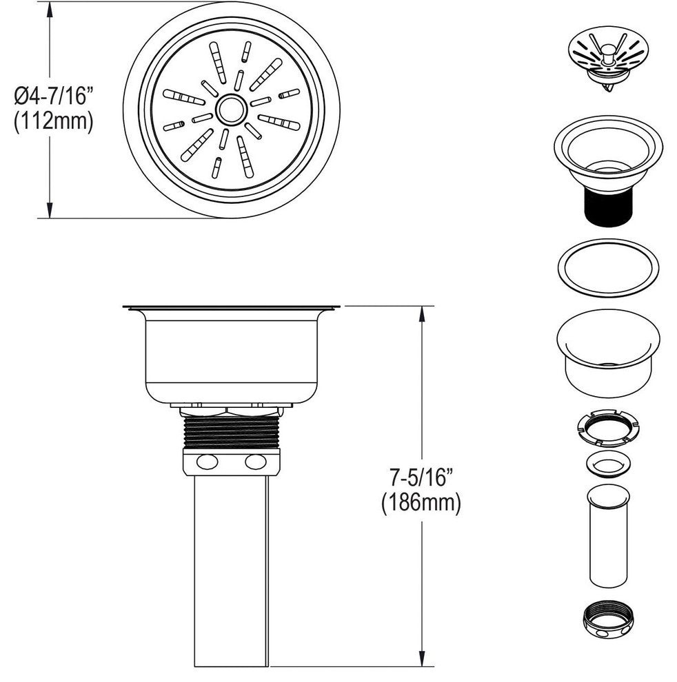 LK35 3.5" Drain Fitting Stainless Steel Strainer Basket, Tailpiece