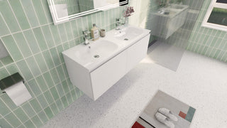 AIPO Wall-Mount Vanity Set With LED Mirror, Faucet, Drain, Matte White, 48" Doub