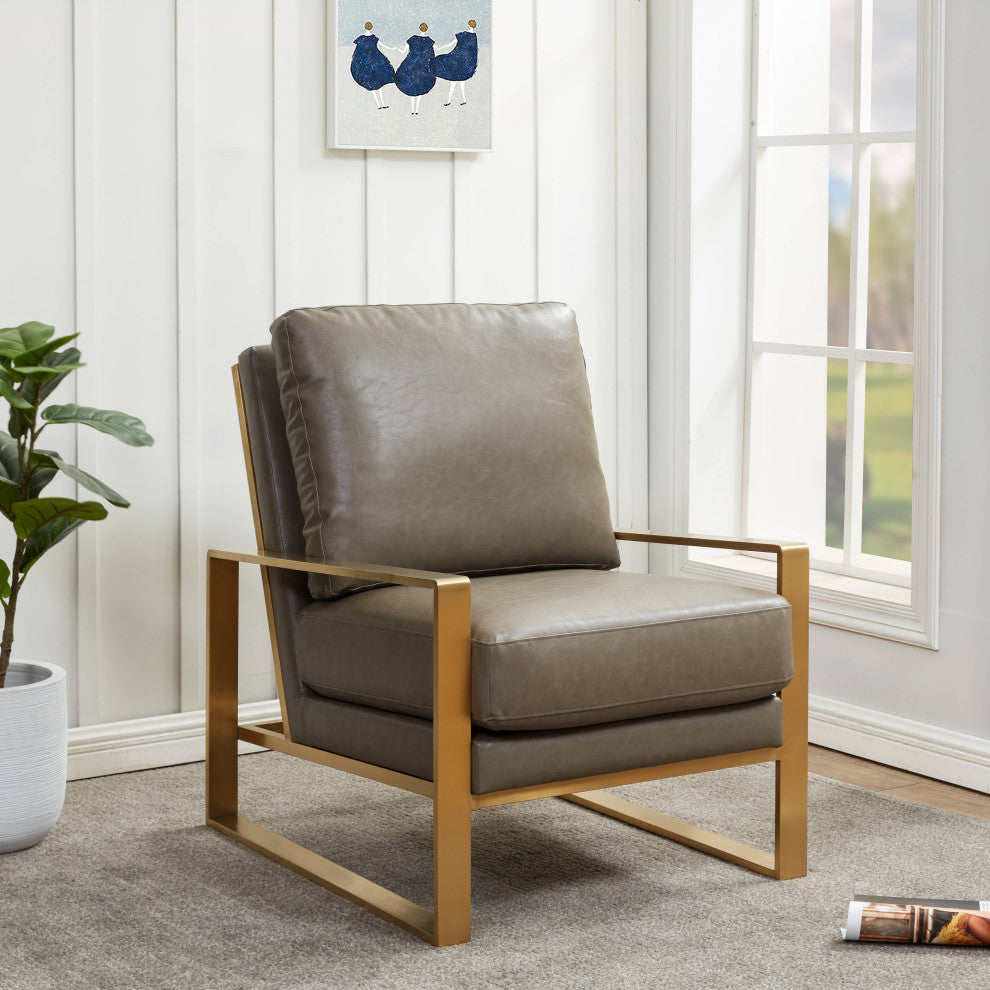 LeisureMod Jefferson Faux Leather Accent Armchair With Gold Frame, Grey