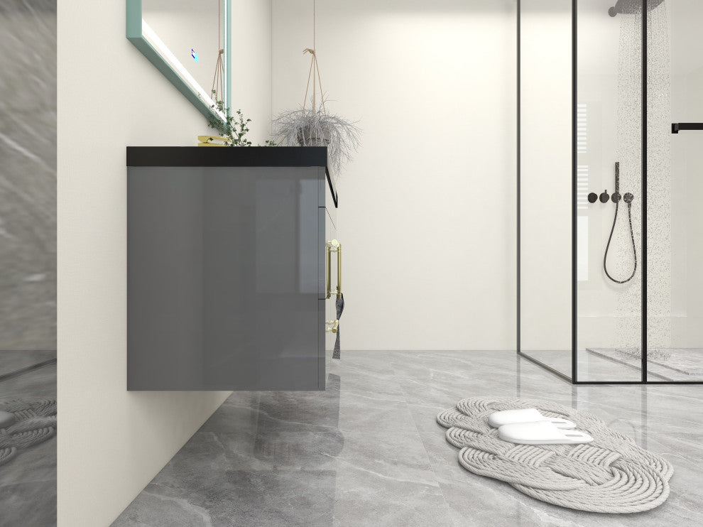 Rosa 36" Wall Mounted Modern Vanity, High Gloss Gray, Matt Black Top