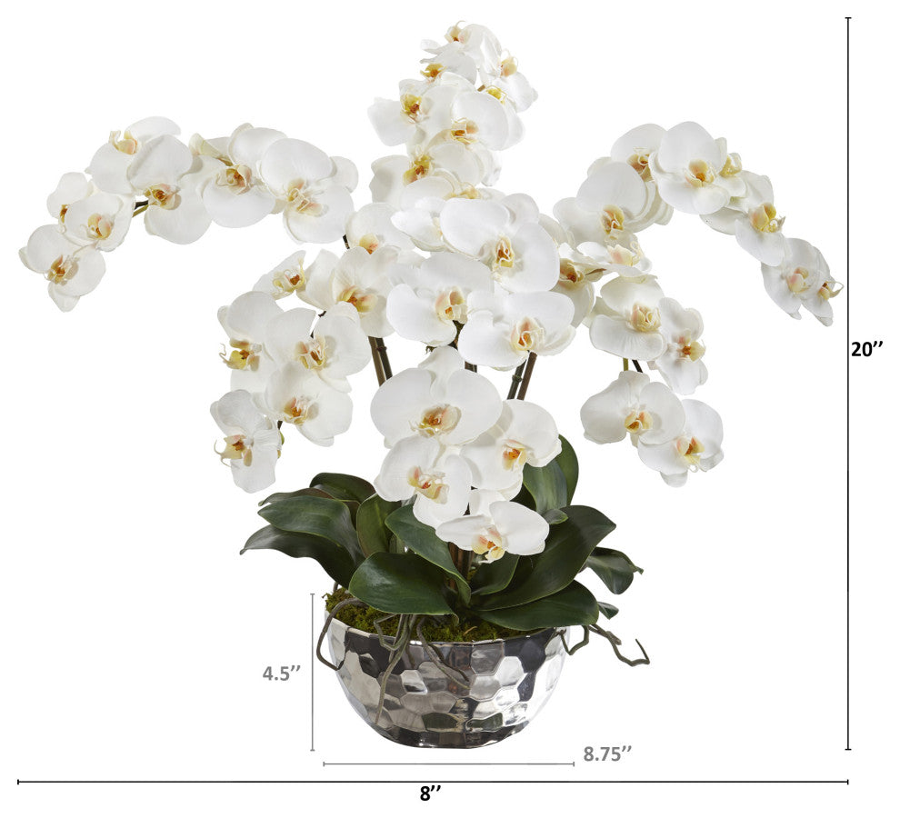 20" Phalaenopsis Orchid Artificial Arrangement, Silver Bowl