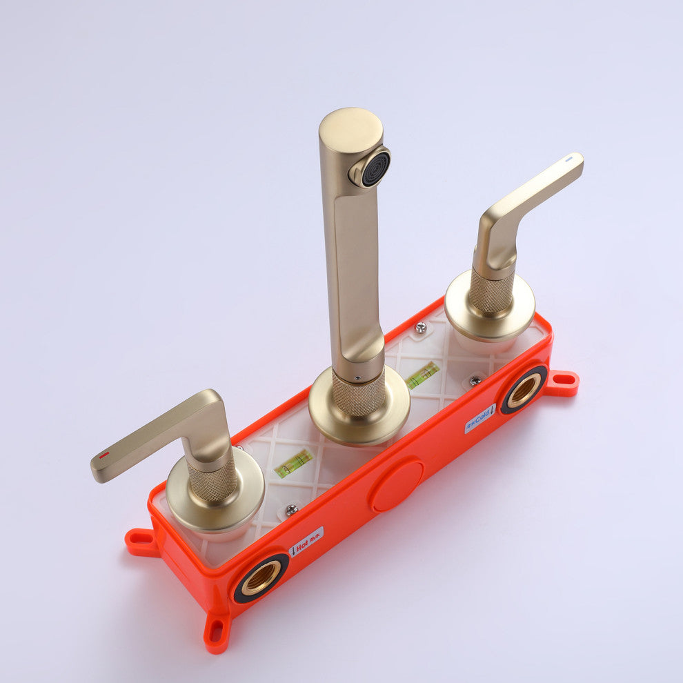 Two Handles Wall Mounted Bathroom Sink Faucet, Solid Brass, Brushed Gold