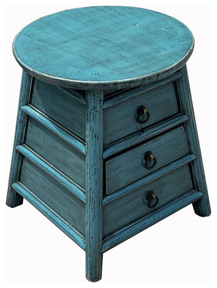 Chinese Distressed Light Blue Round Top Drawers Wood Stool Table Hws3052