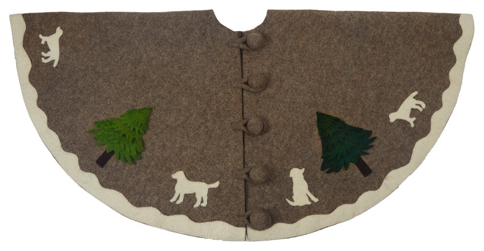 Handmade Christmas Tree Skirt in Hand Felted Wool - Dogs with Trees on Gray- 72"