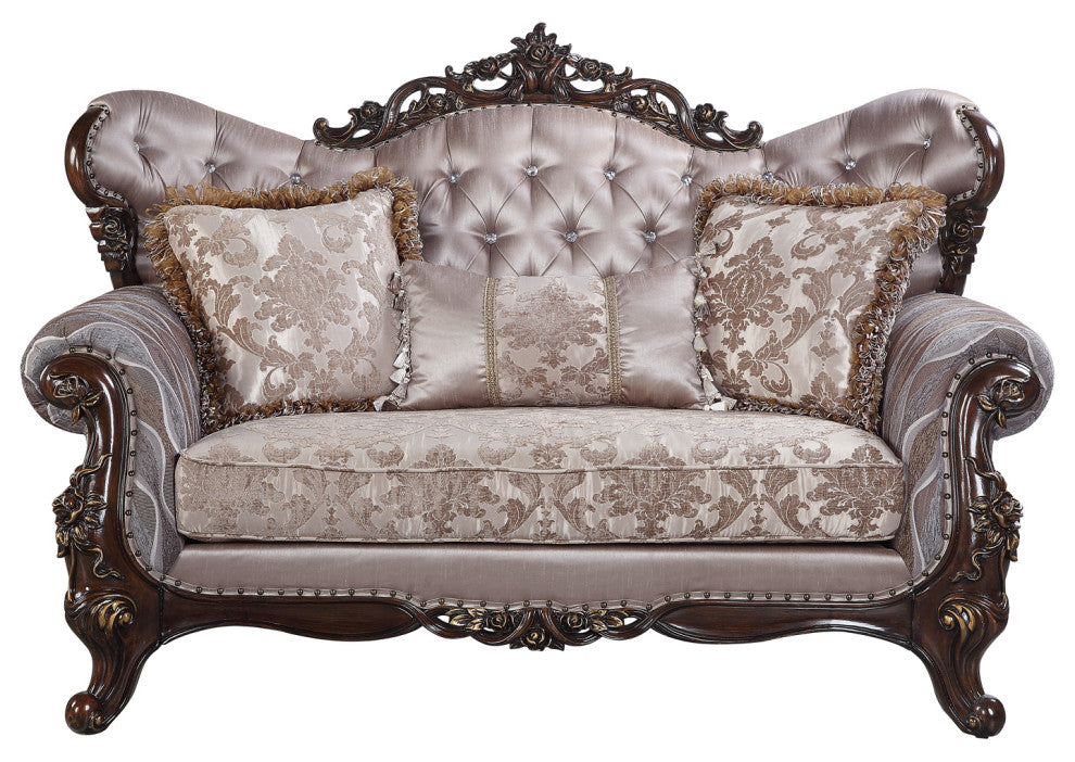 Upholstered Loveseat, Antique Oak and Champagne