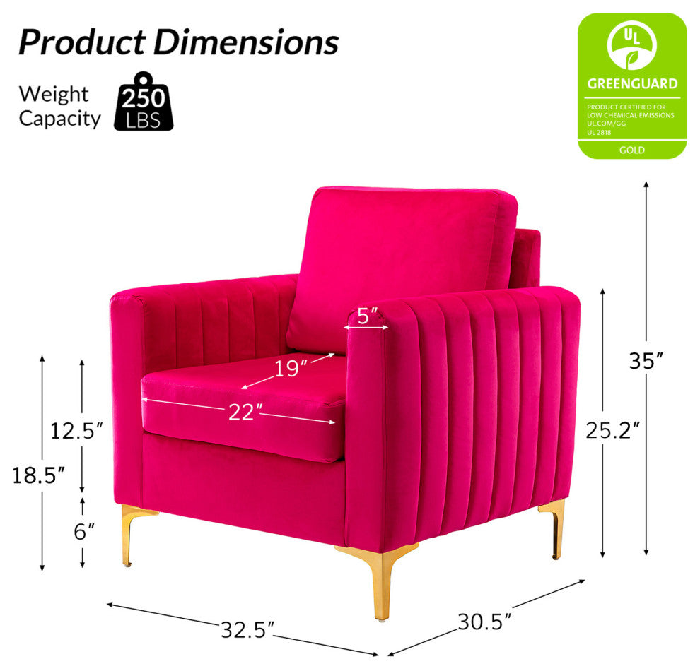 Velvet Comfor Club Chair With Arms&Metal Legs, Fuchsia