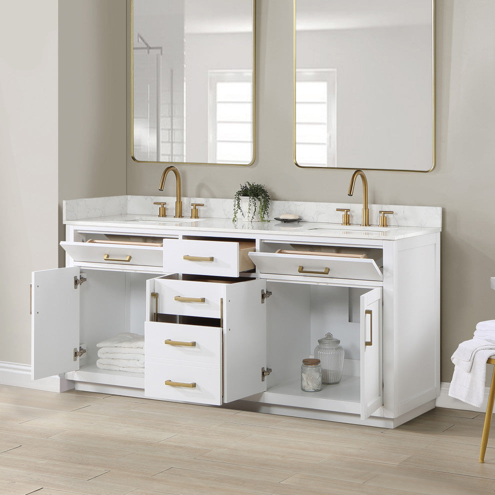 Gavino Vanity With Grain White Composite Stone Top, White/Brushed Gold, 72", No Mirror