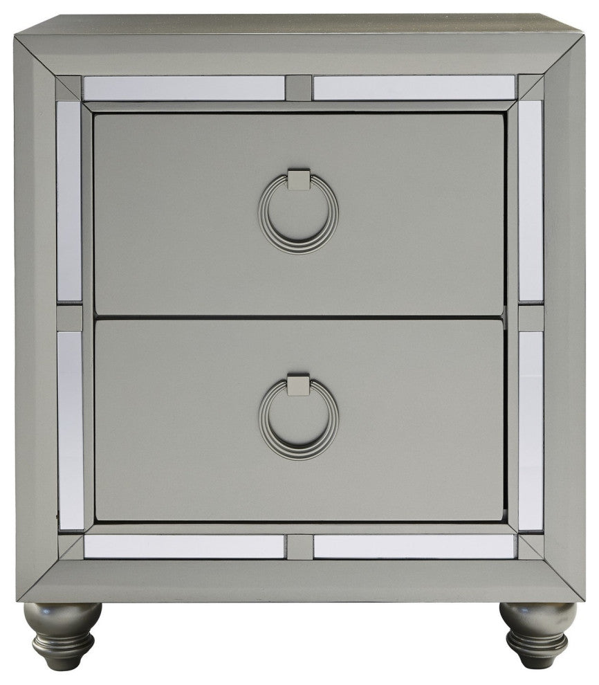Silver Champagne Tone Nightstand With 2 Drawer  Mirror Trim Accent
