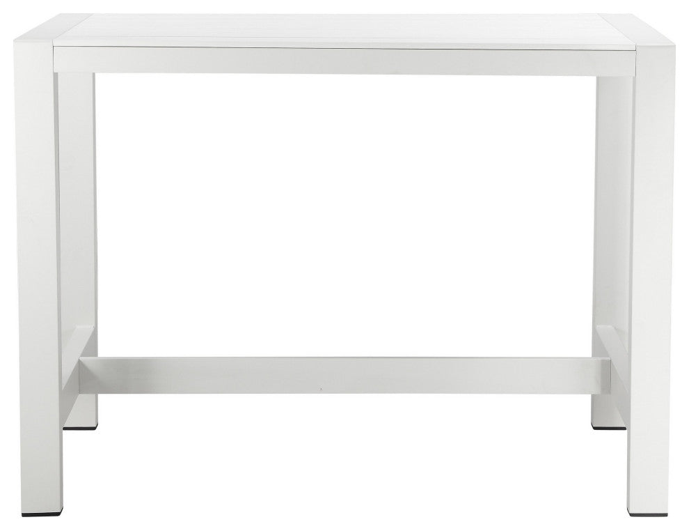 Benzara BM287806 Outdoor Bar Height Table, White Aluminum Frame, Plank Surface
