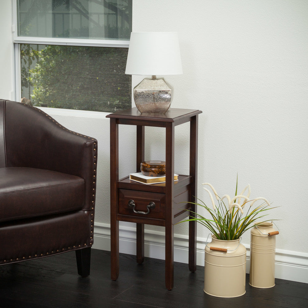 GDF Studio Noah Acacia Wood Accent Table With Bottom Drawer, Brown Mahogany