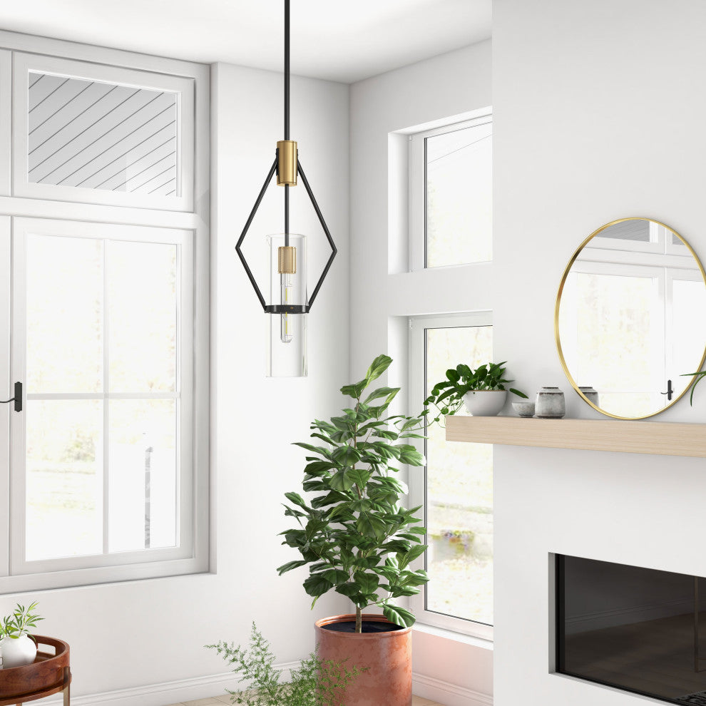Everly Single Light Metal and Glass Pendant, Black and Brass