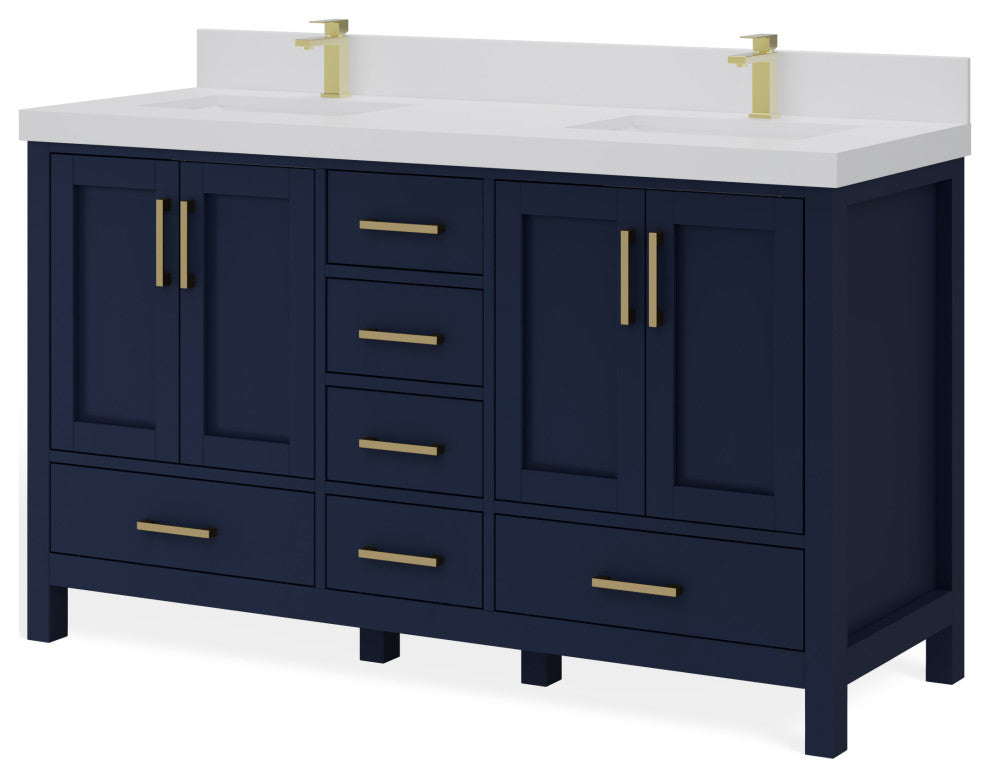 Preston Bath Vanity, Blue, 60", White Quartz Top, Double, Freestanding