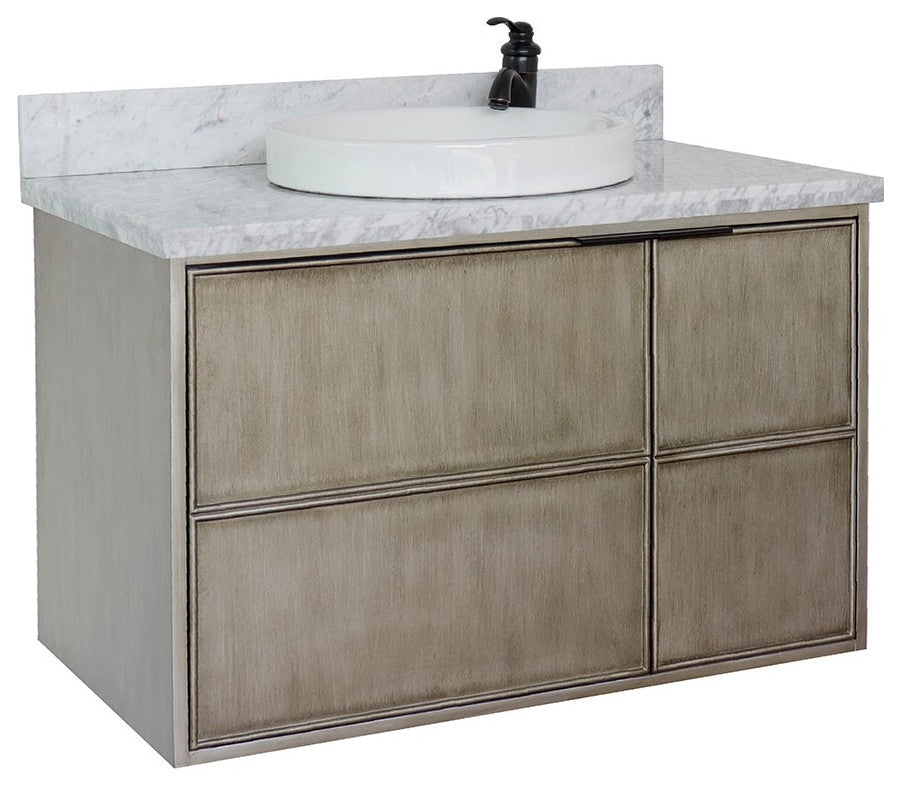 37" Single Wall Mount Vanity, Linen Brown Finish With White Carrara Top