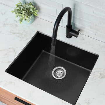 Dual Mount 22" Single-Bowl Black Granite Kitchen Sink with Strainer