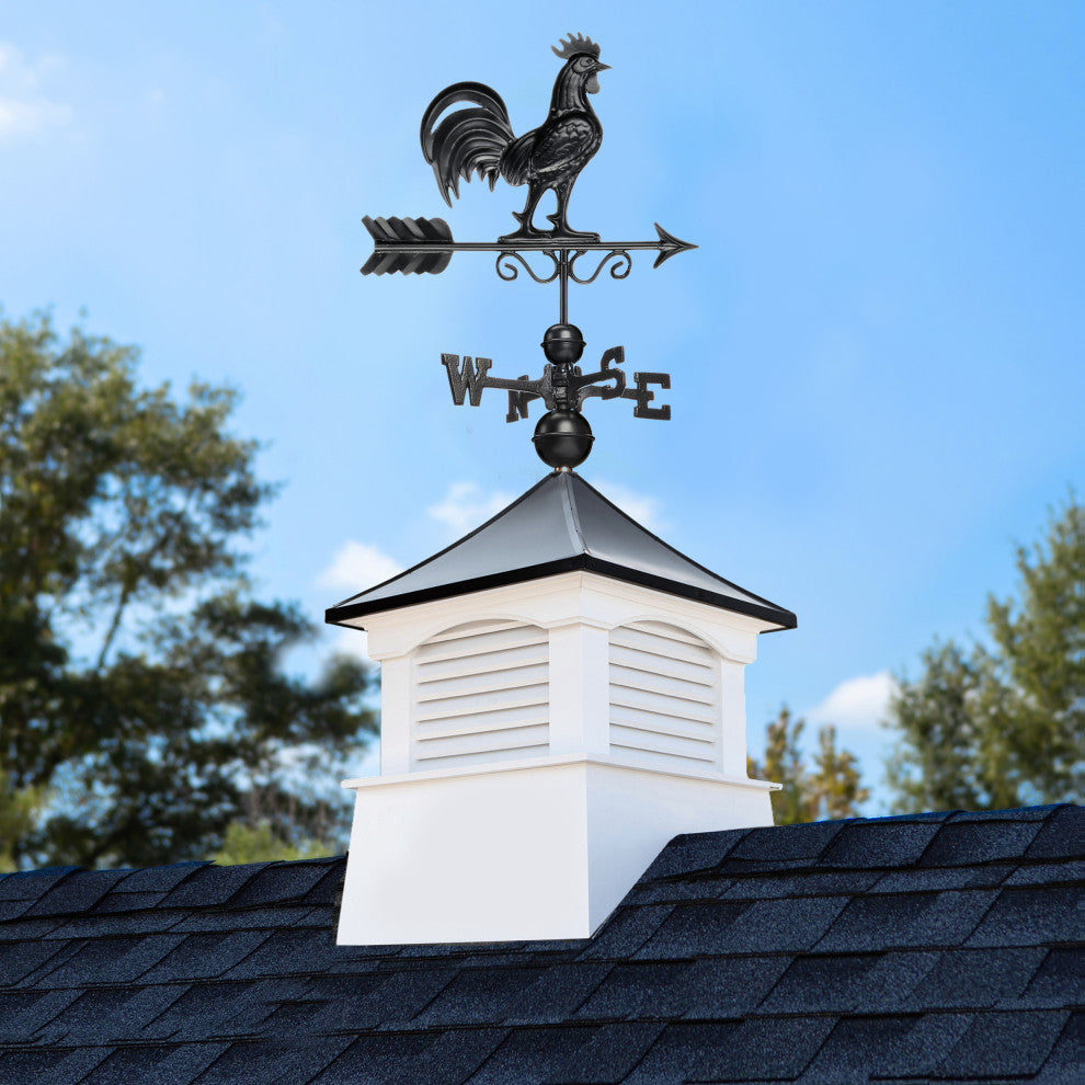 18" Coventry Vinyl Cupola, Black Aluminum Rooster Weathervane and Roof
