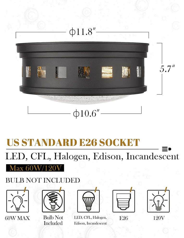 2 Light Industrial Round Flush Mount, Farmhouse Black