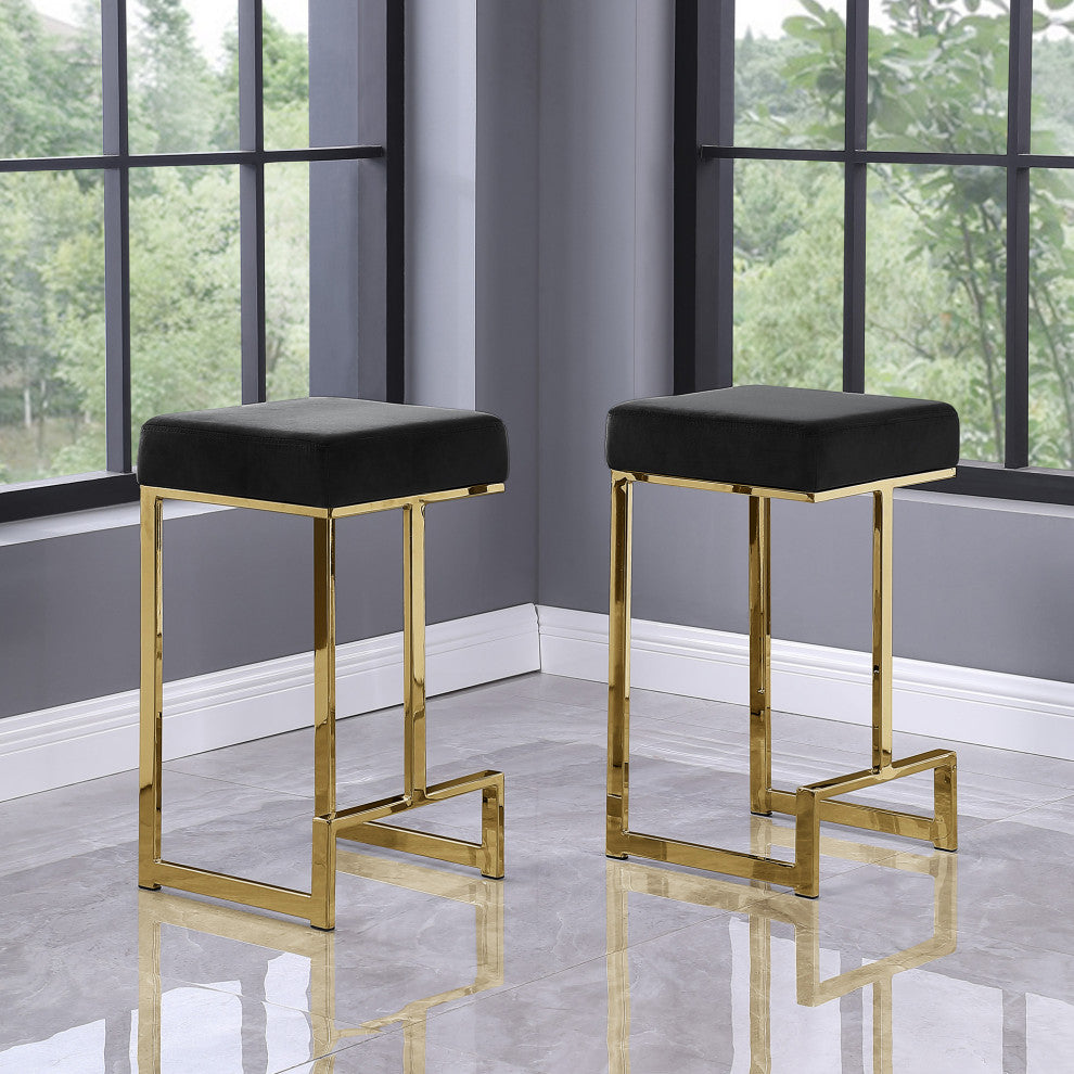 Jakob Backless 25" Counter Height Stool, Gold, Set of 2, Velvet Black
