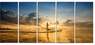 Pakpra with Fisherman at Sunrise, Landscape Canvas Art Print, 60"x28", 5 Panels