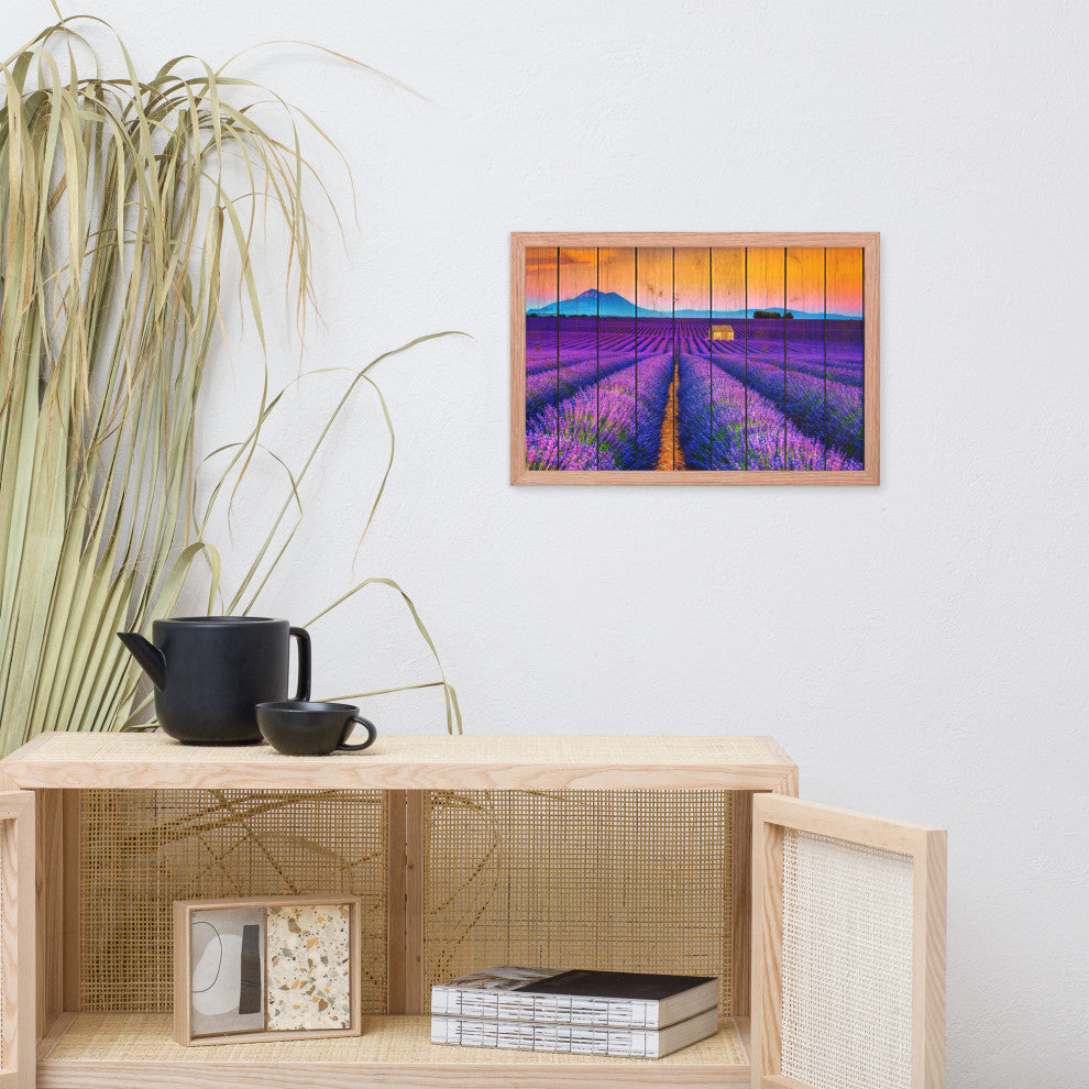 Faux Wood Lavender Fields and Sunset Landscape Framed Photo Paper Wall Art Print, Red Oak, 12" X 18"