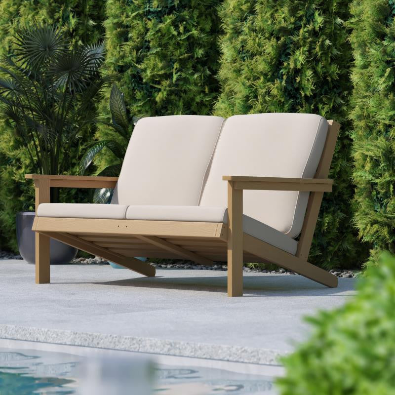 Charlestown All-Weather Poly Resin Wood Adirondack Loveseat with Cushions, Natur