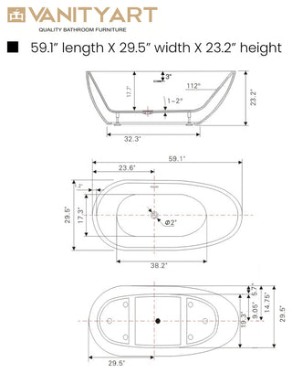 Freestanding Acrylic Bathtub, White/Matte Black, 59"