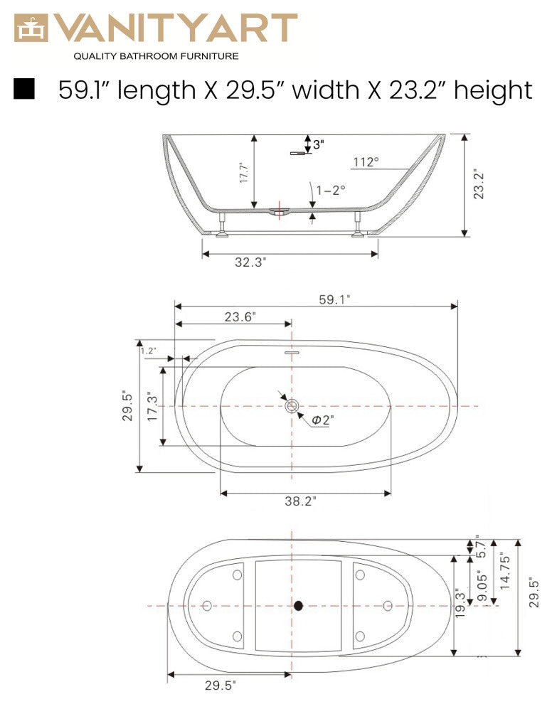 Freestanding Acrylic Bathtub, White/Matte Black, 59"