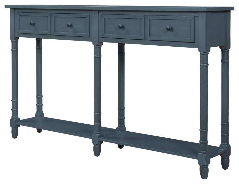 58" Two-Drawer Console Table Bottom Shelf for Living Room Antique Navy