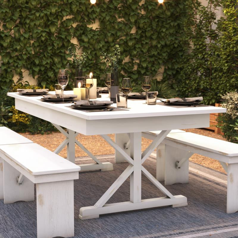 HERCULES 7' x 40" Rectangular Solid Pine Farm Table with X Legs, Antique Rustic White