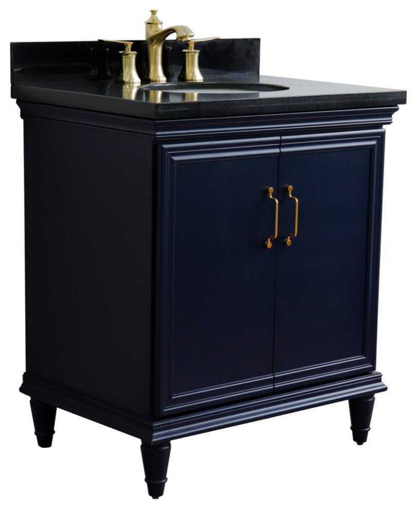 31" Single Vanity, Blue Finish With Black Galaxy And Oval Sink