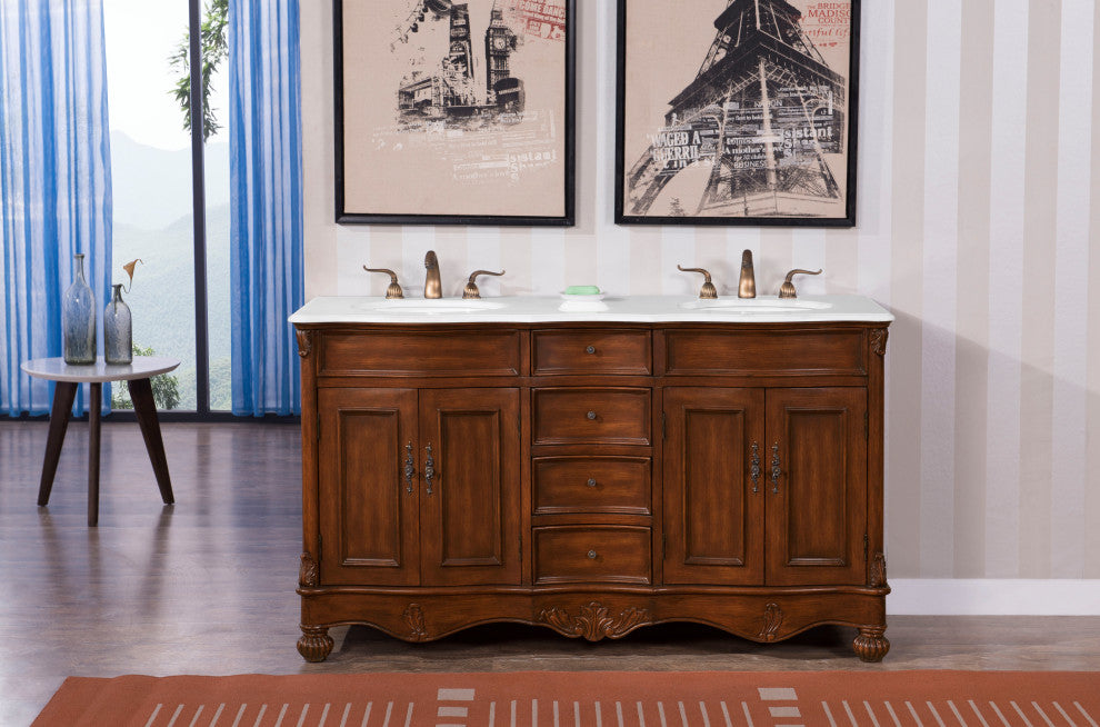 48" Single Bathroom Vanity, Teak Color With ivory white engineered marble, 60