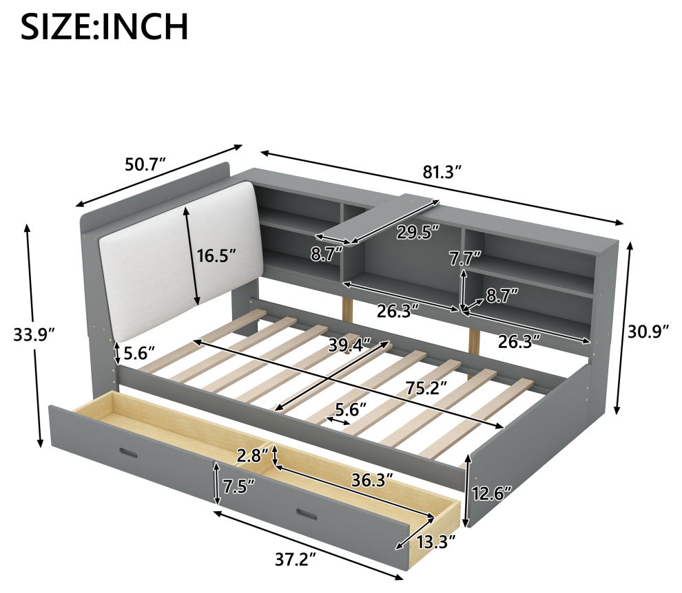 Gewnee Wood Twin Size platform bed with Storage Headboard