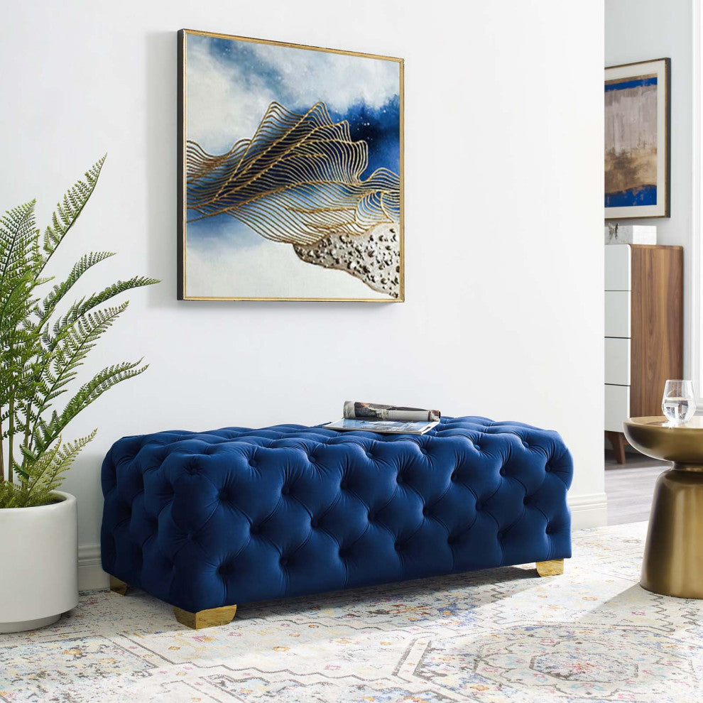 Modern Lounge Accent Chair Bench, Velvet Fabric Metal Steel, Navy Blue