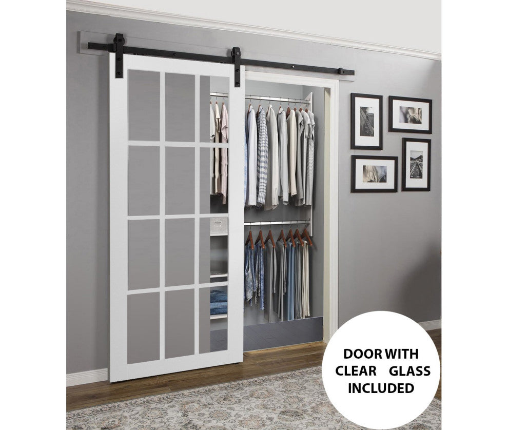 Barn Door 42 x 80 Clear Glass, Felicia 3355 Matte White, 8FT Rail Kit