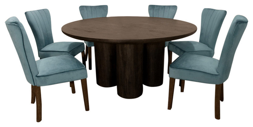 Sullivan 63" Dining Table With 6 Cleo Chairs, Teal Velvet Fabric