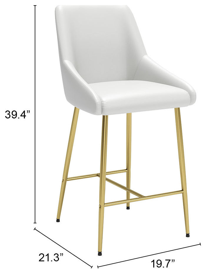 Counter Stool Chair, Faux Vinyl Leather, Steel, White, Gold, Cafe Bistro