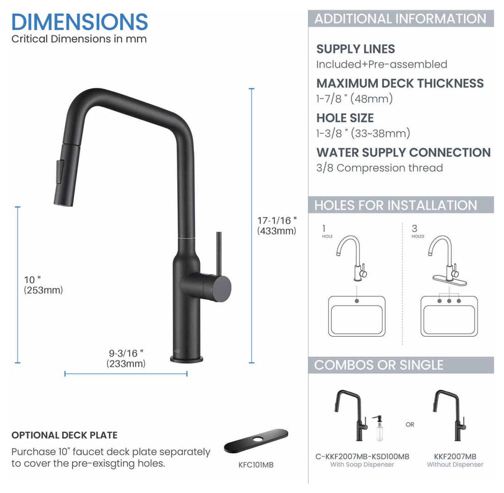 Macon Single Handle Pull Down Kitchen Faucet, Matte Black, W/ Soap Dispenser