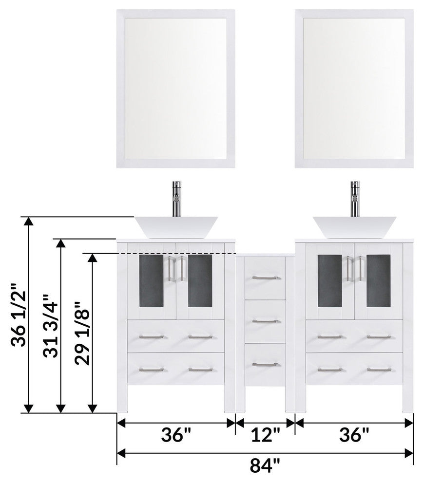 Modern Bathroom Vanity Set With Mirror and Sink, White, 84"