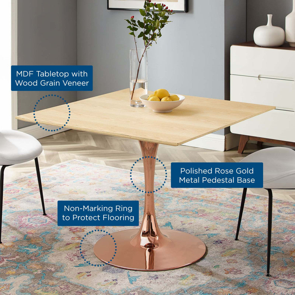 Dining Table, Square, Wood, Rose Gold Brown Natural, Modern, Bistro Restaurant