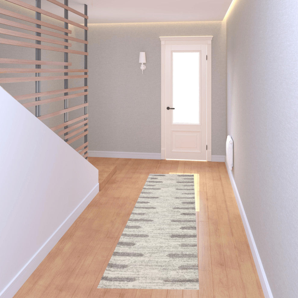 2' X 8' Ivory And Grey Geometric Shag Power Loom Stain Resistant Runner Rug