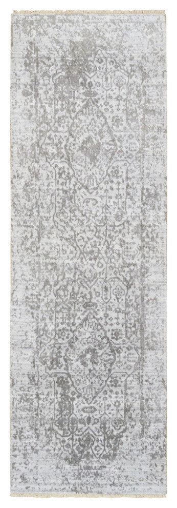 Gray Hand Knotted Broken Persian Design Wool and Pure Silk Runner Rug 2'6"x7'10"