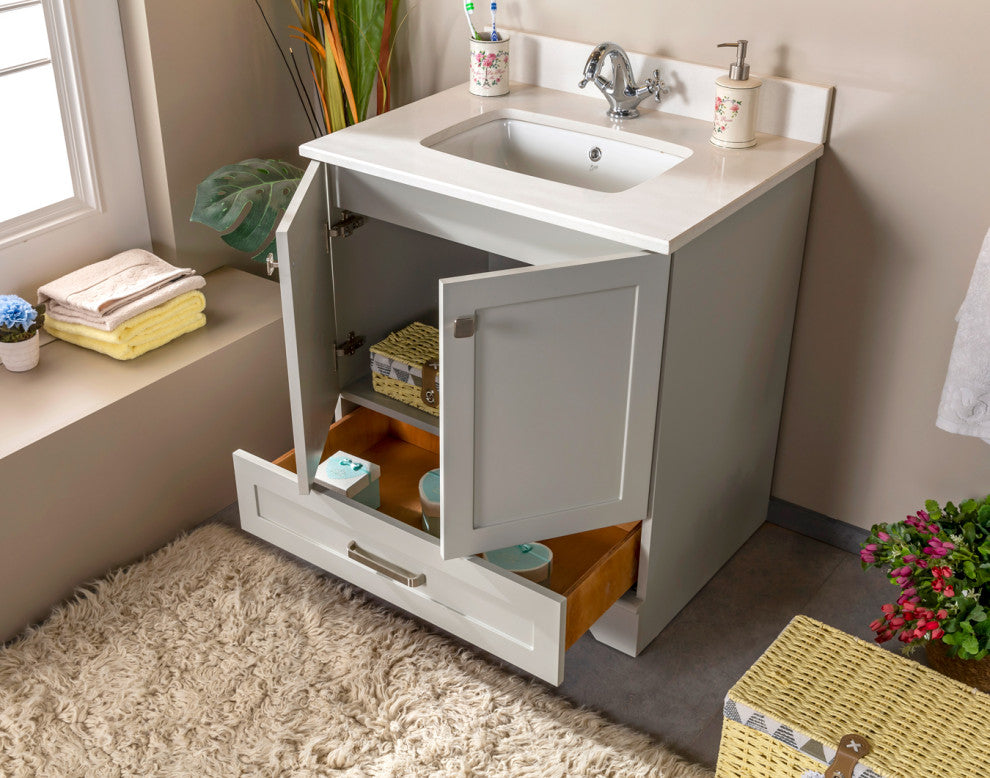 Livia Collection 30" Bath Vanity Quartz Top and Ceramic Sink, Grey, 30"